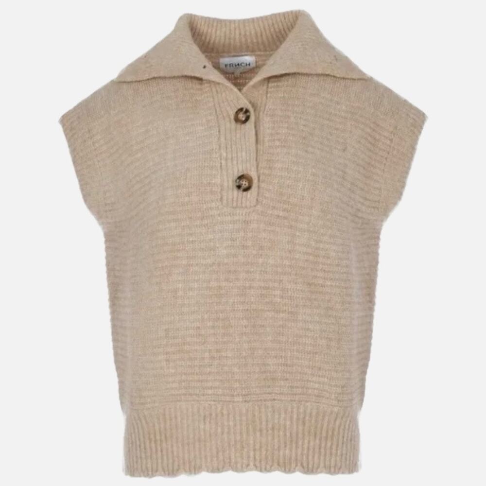 FRNCH | Oatmeal Tan Sleeveless Sweater Scallop‎ Hem Turtleneck Button | Large